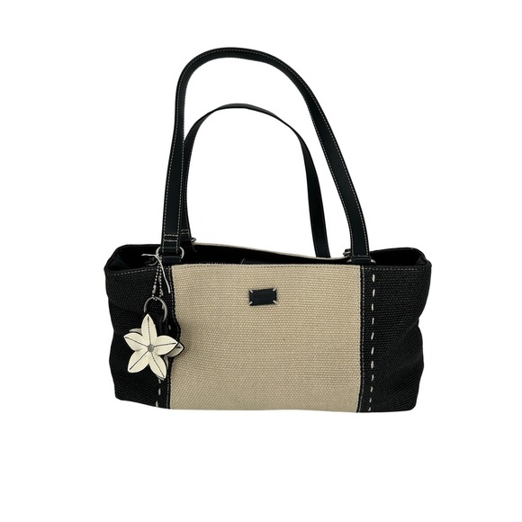 Relic Womens Colorblock Woven Shoulder Bag Black Cream Flower Charm Tote - Picture 2 of 9